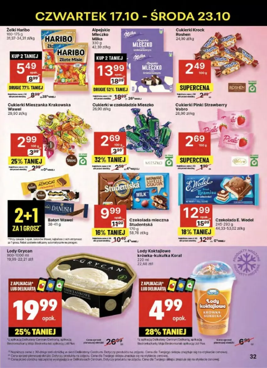 Gazetka promocyjna Delikatesy Centrum - ważna 17.10 do 23.10.2024 - strona 26 - produkty: Baton, Cukier, Cukierki, Czekolada, Czekolada mleczna, E. Wedel, Gry, Haribo, Lody, Rum, Wawel