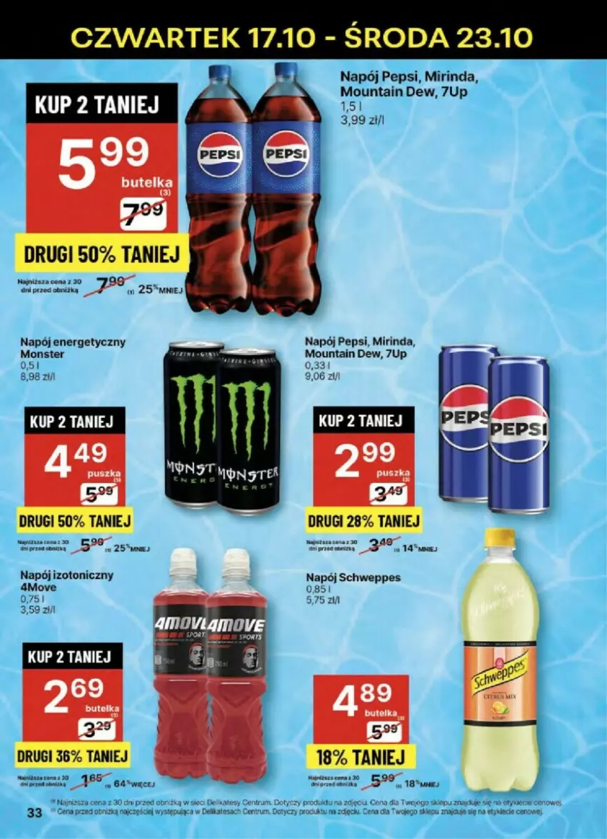 Gazetka promocyjna Delikatesy Centrum - ważna 17.10 do 23.10.2024 - strona 27 - produkty: 7up, Gra, Mirinda, Napój, Napój energetyczny, Napój izotoniczny, Pepsi, Rum, Schweppes