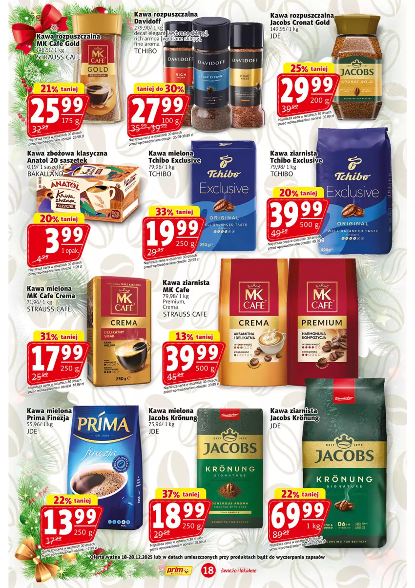 Gazetka promocyjna Prim Market - ważna 18.12 do 28.12.2025 - strona 18 - produkty: Aksam, Davidoff, Gin, Jacobs, Kawa, Kawa mielona, Kawa rozpuszczalna, Kawa zbożowa, Kawa ziarnista, Prima, Tchibo