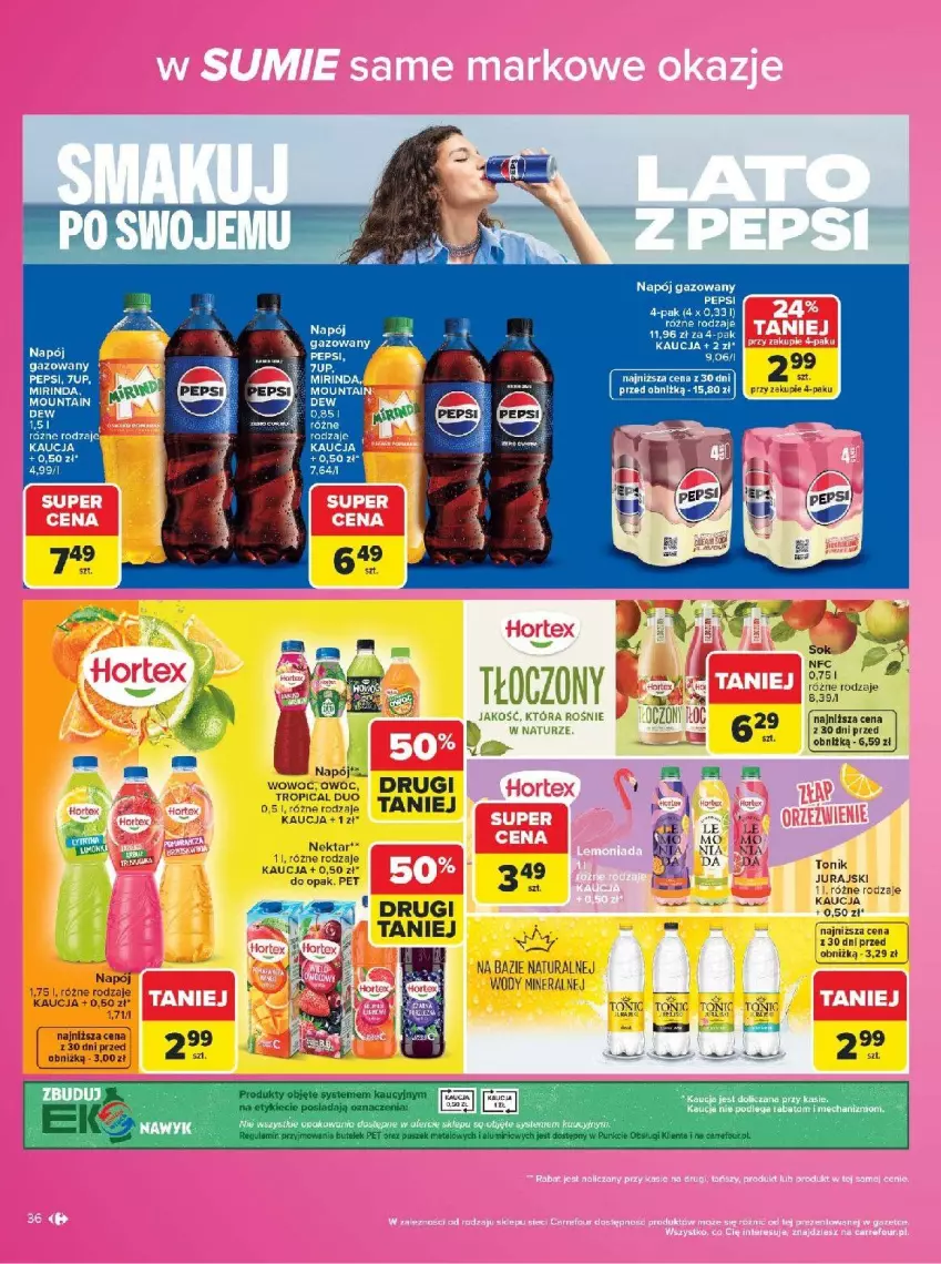 Gazetka promocyjna Carrefour - Gazetka Carrefour w SUMIE same markowe okazje - ważna 03.08 do 14.08.2026 - strona 36 - produkty: 7up, Fa, Hortex, Mirinda, Napój, Napój gazowany, Nektar, Pepsi, Tonik, Tropical