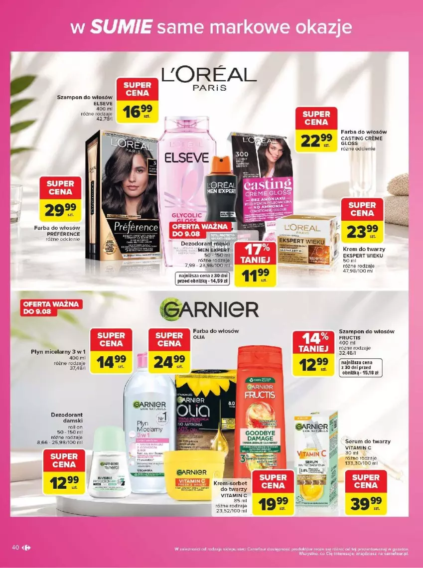 Gazetka promocyjna Carrefour - Gazetka Carrefour w SUMIE same markowe okazje - ważna 03.08 do 14.08.2026 - strona 40 - produkty: Dezodorant, Elseve, Fa, Farba do włosów, Fructis, Garnier, Krem do twarzy, Rum, Ser, Serum, Serum do twarzy, Szampon, Wasa
