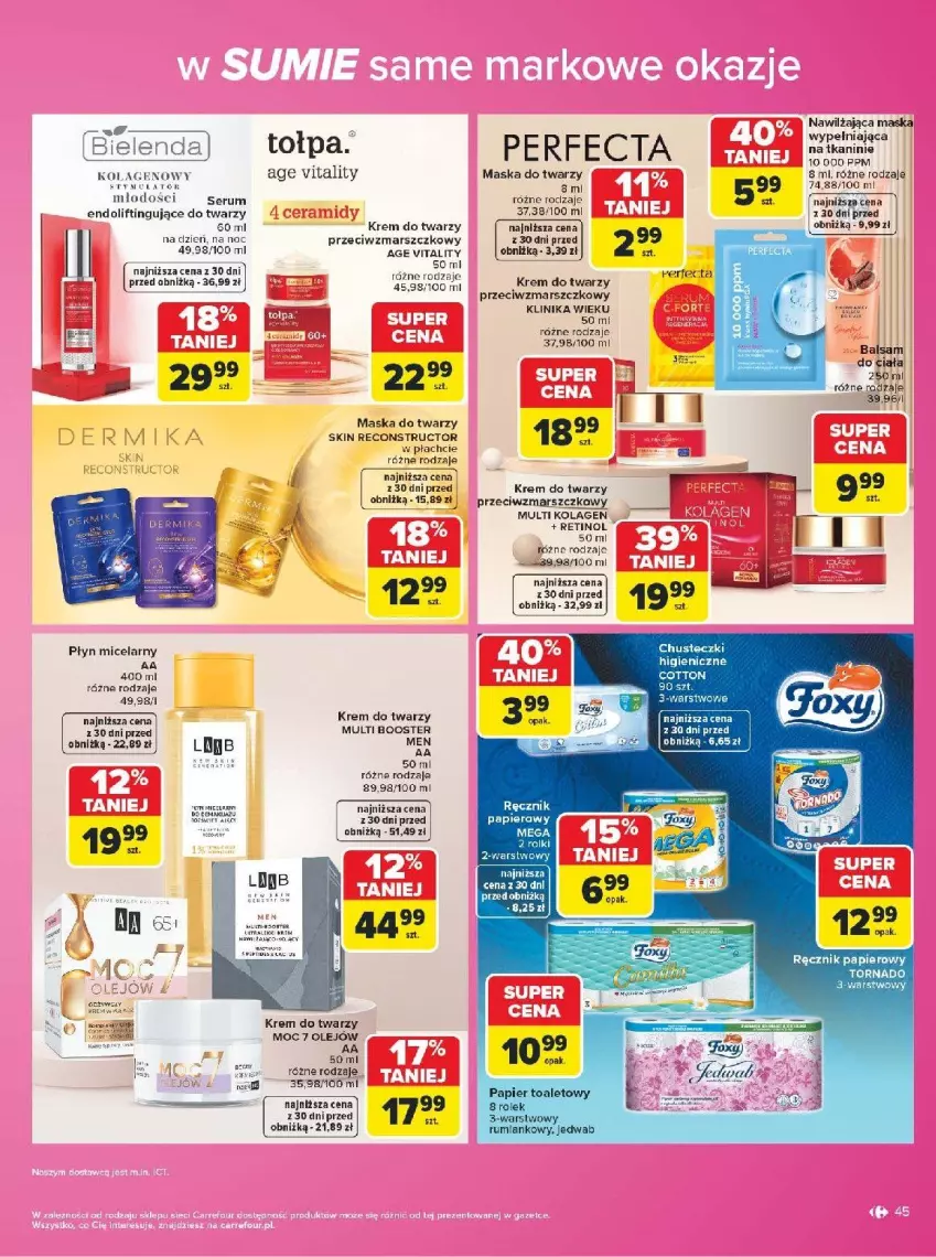 Gazetka promocyjna Carrefour - Gazetka Carrefour w SUMIE same markowe okazje - ważna 03.08 do 14.08.2026 - strona 45 - produkty: Booster, Chusteczki, Fa, Kolagen, Krem do twarzy, Mars, Maska, Maska do twarzy, Olej, Papier, Perfecta, Płyn micelarny, Ręcznik, Rolki, Tołpa