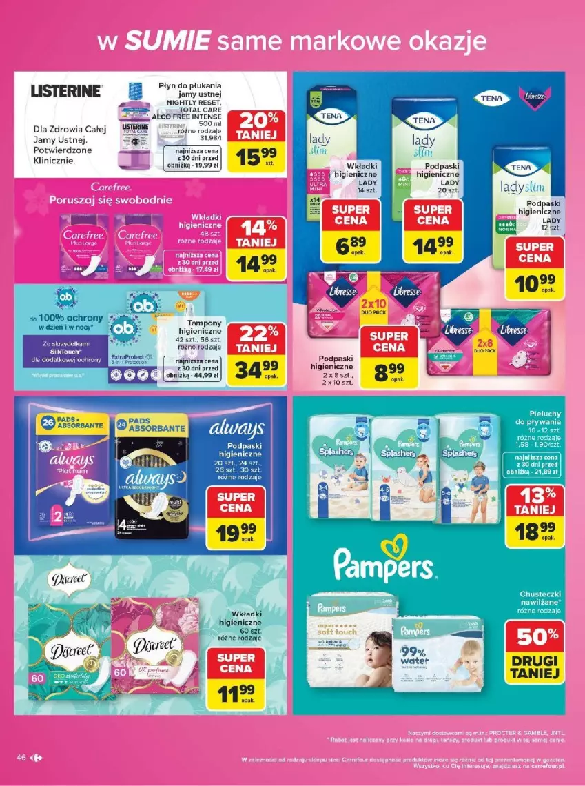 Gazetka promocyjna Carrefour - Gazetka Carrefour w SUMIE same markowe okazje - ważna 03.08 do 14.08.2026 - strona 46 - produkty: LG, Listerine, Płyn do płukania, Płyn do płukania jamy ustnej, Podpaski, Por, Tampony, Wkładki