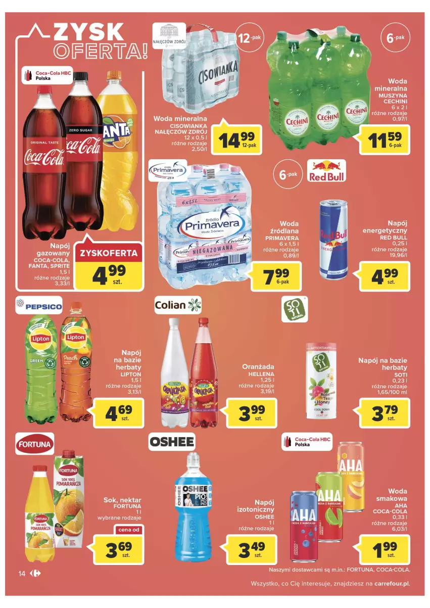 Gazetka promocyjna Carrefour - Gazetka Dla naszych skarbów - ważna 15.02 do 26.02.2022 - strona 14 - produkty: Cisowianka, Coca-Cola, Fa, Fanta, Fortuna, Hellena, LANA, Lipton, Mus, Napój, Napój energetyczny, Napój gazowany, Nektar, Oranżada, Oshee, Red Bull, Sok, Sprite, Szyna, Woda, Woda mineralna