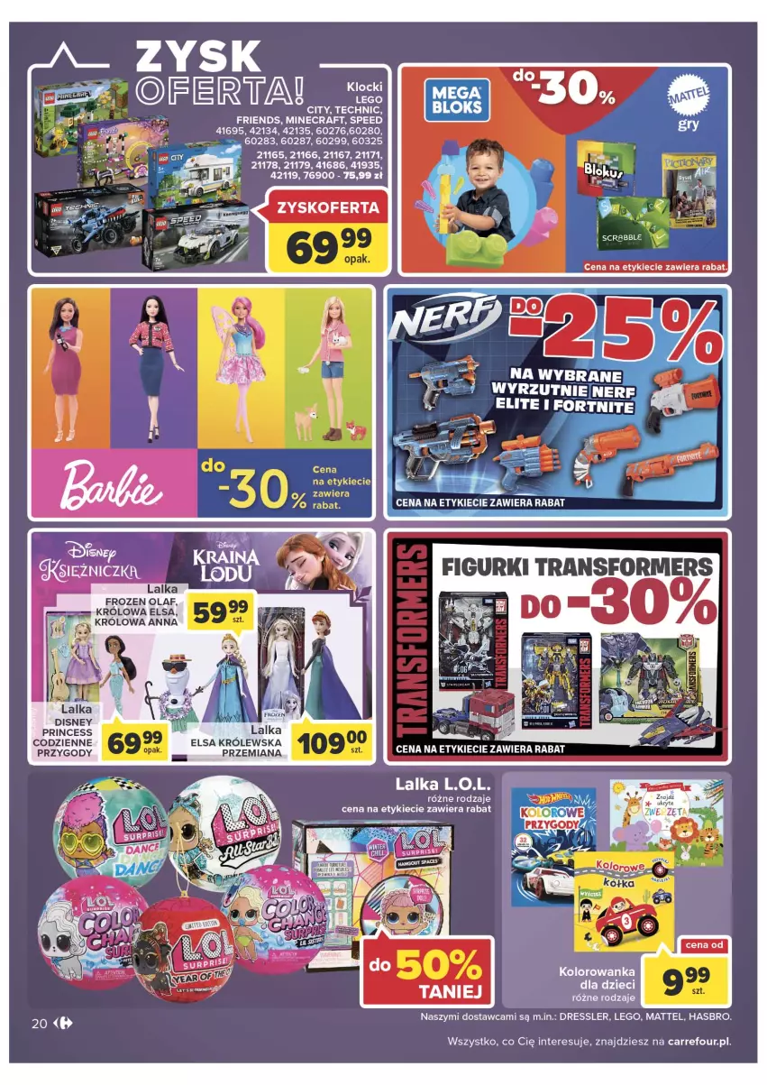 Gazetka promocyjna Carrefour - Gazetka Dla naszych skarbów - ważna 15.02 do 26.02.2022 - strona 20 - produkty: Disney, Dres, Dzieci, Fa, Frozen, Hasbro, Kolorowanka, L.O.L., Lalka, LEGO, Mattel, Minecraft, O nas, Scrabble