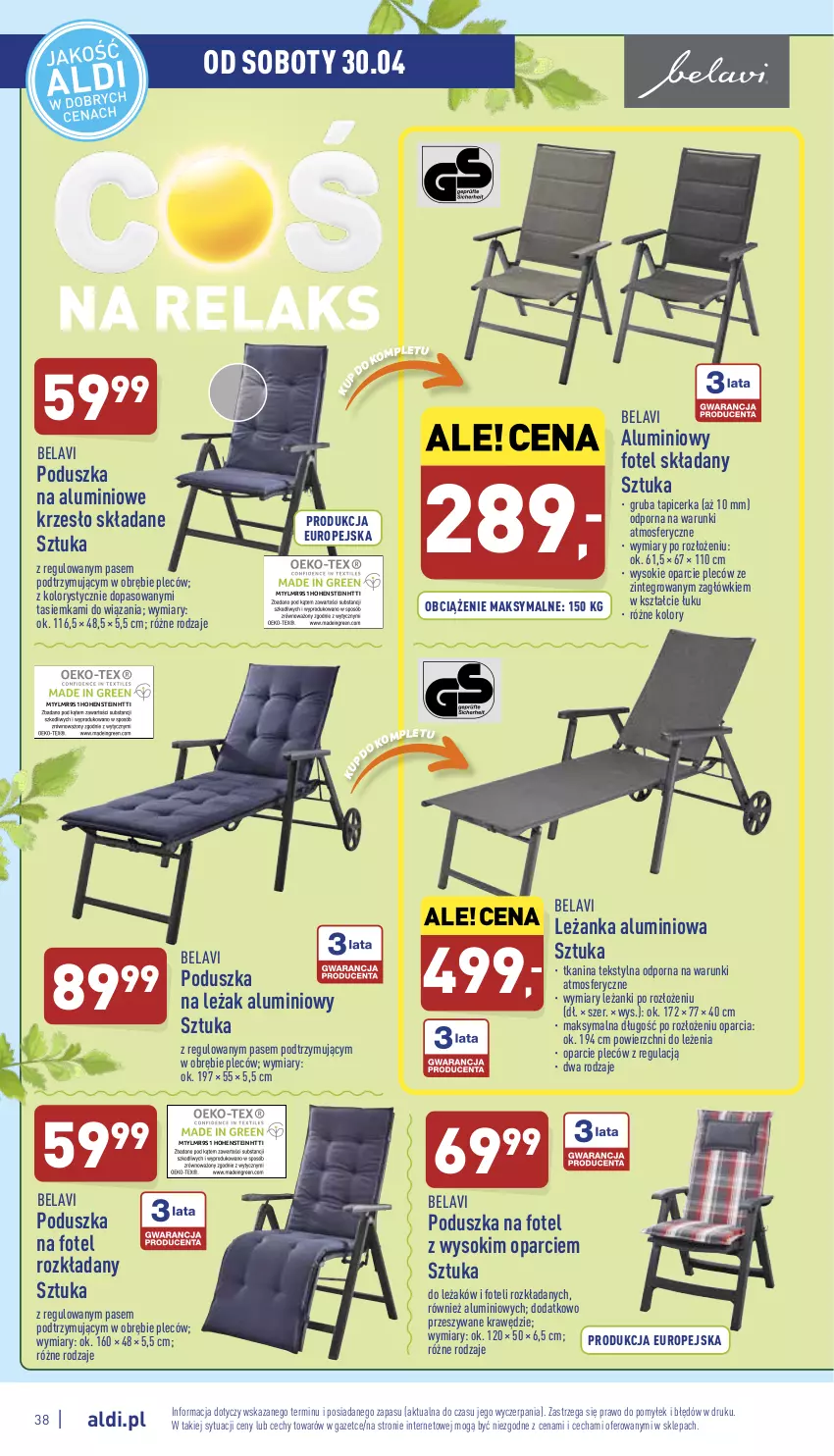 Gazetka promocyjna Aldi - Pełny katalog - ważna 25.04 do 30.04.2022 - strona 38 - produkty: Fotel, Krzesło, Krzesło składane, Leżanka, Poduszka, Por, Sok, Tapicerka