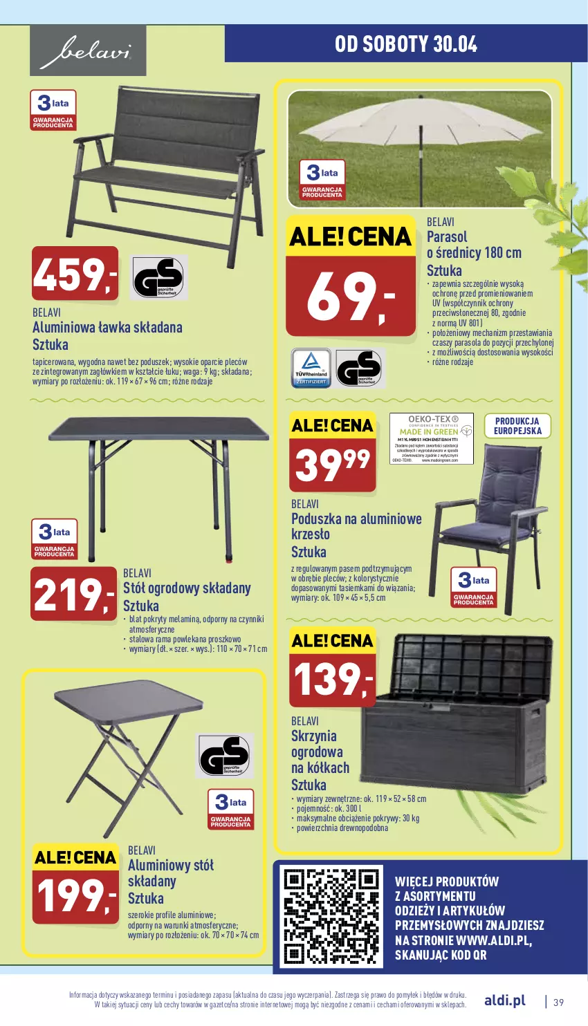 Gazetka promocyjna Aldi - Pełny katalog - ważna 25.04 do 30.04.2022 - strona 39 - produkty: Krzesło, Parasol, Poduszka, Por, Rama, Sok, Stół, Waga