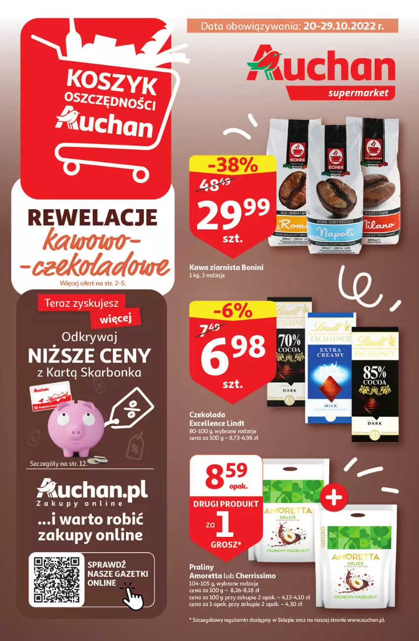 Gazetka promocyjna Auchan - Gazetka Koszyk Oszczędności Auchan Supermarkety - ważna 19.10 do 29.10.2022 - strona 1 - produkty: Czekolada, Kawa, Kawa ziarnista, Praliny, Tera