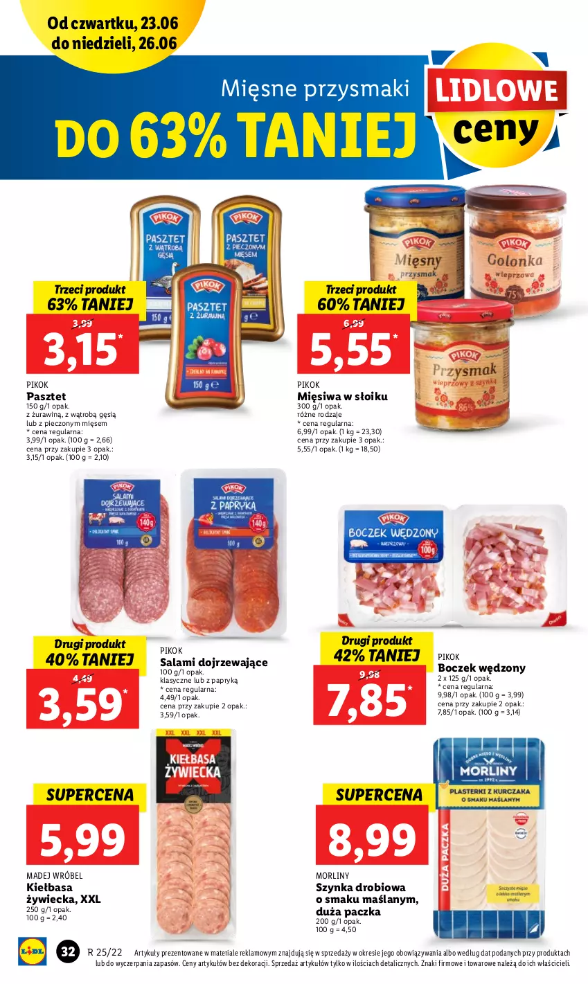 Gazetka promocyjna Lidl - GAZETKA - ważna 23.06 do 26.06.2022 - strona 32 - produkty: Boczek, Kiełbasa, Madej Wróbel, Morliny, Pasztet, Piec, PIKOK, Przysmaki, Salami, Szynka