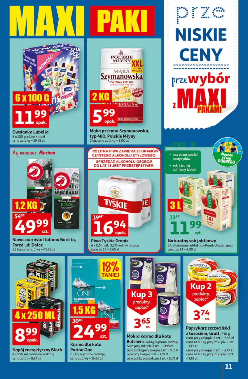 Gazetka promocyjna Auchan - Gazetka przeNISKIE CENY – Przekorzyści cenowe Hipermarkety - ważna 22.09 do 28.09.2022 - strona 11 - produkty: Bell, Bella, Butcher's, Gala, Gra, Kawa, Kawa ziarnista, Lack, Lubella, Mąka, Mąka pszenna, Mokra karma, Napój, Napój energetyczny, Owsianka, Papryka, Paprykarz, Paprykarz szczeciński, Piwa, Piwo, Pliska, Polskie Młyny, Pur, Purina, Sok, Sok jabłkowy, Sos, Tyskie