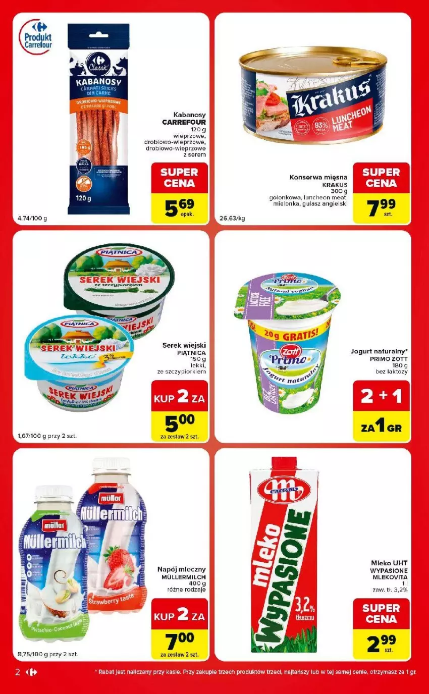 Gazetka promocyjna Carrefour - Gazetka Market w SUMIE ekspresowe zakupy - ważna 30.06 do 06.07.2026 - strona 2 - produkty: Fa, Kabanos, Krakus, Mleko, Mlekovita, Napój, Napój mleczny, Piątnica, Ser, Serek, Serek wiejski, Zott