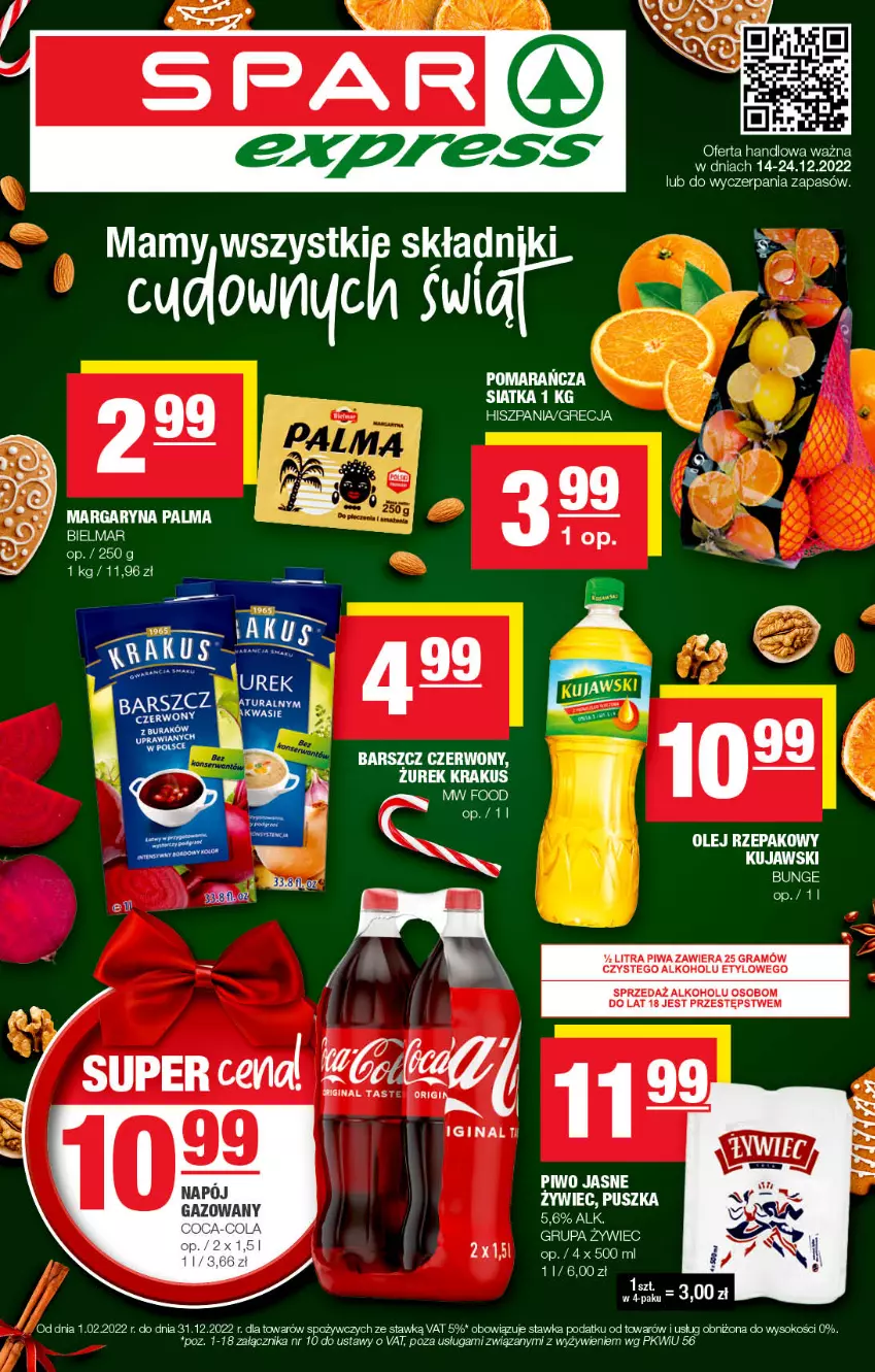 Gazetka promocyjna Spar - SparExpress - ważna 11.12 do 21.12.2022 - strona 1 - produkty: Gin, Gra, Margaryna, Napój, Napój gazowany, Olej, Olej rzepakowy, Palma, Piwa, Piwo, Piwo jasne, Sok