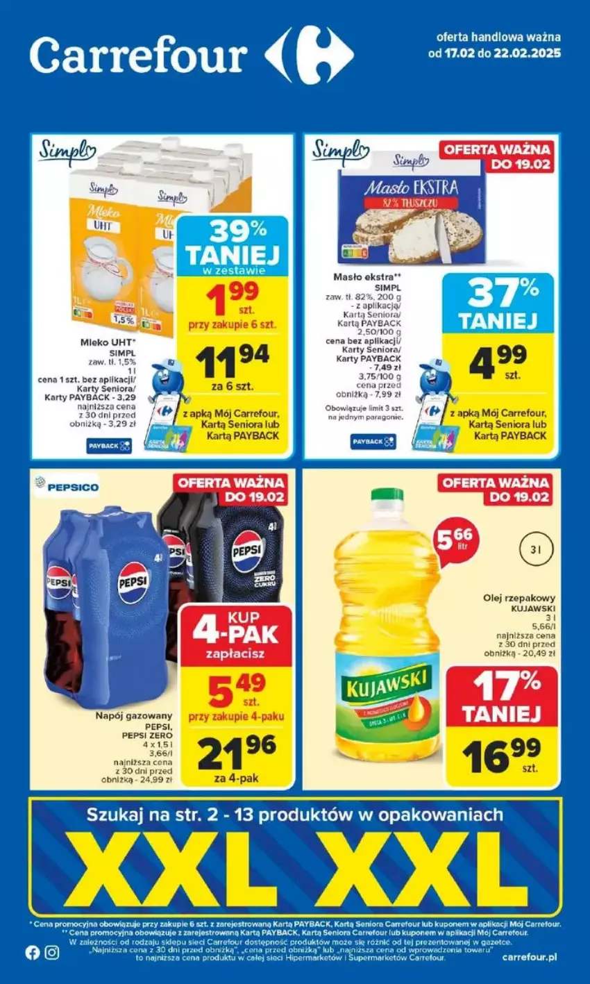 Gazetka promocyjna Carrefour - ważna 17.02 do 22.02.2025 - strona 1 - produkty: Fa, Koc, Kujawski, Masło, Napój, Napój gazowany, Olej, Olej rzepakowy, Pepsi