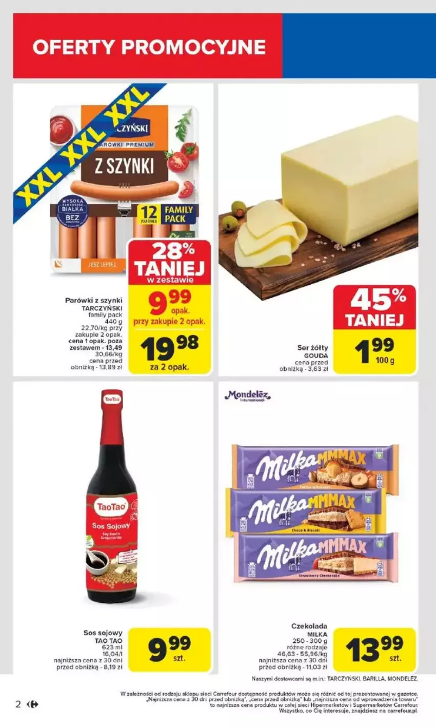 Gazetka promocyjna Carrefour - ważna 17.02 do 22.02.2025 - strona 12 - produkty: Barilla, Czekolada, Fa, Milka, Parówki, Parówki z szynki, Ser, Sos, Sos sojowy, Tarczyński