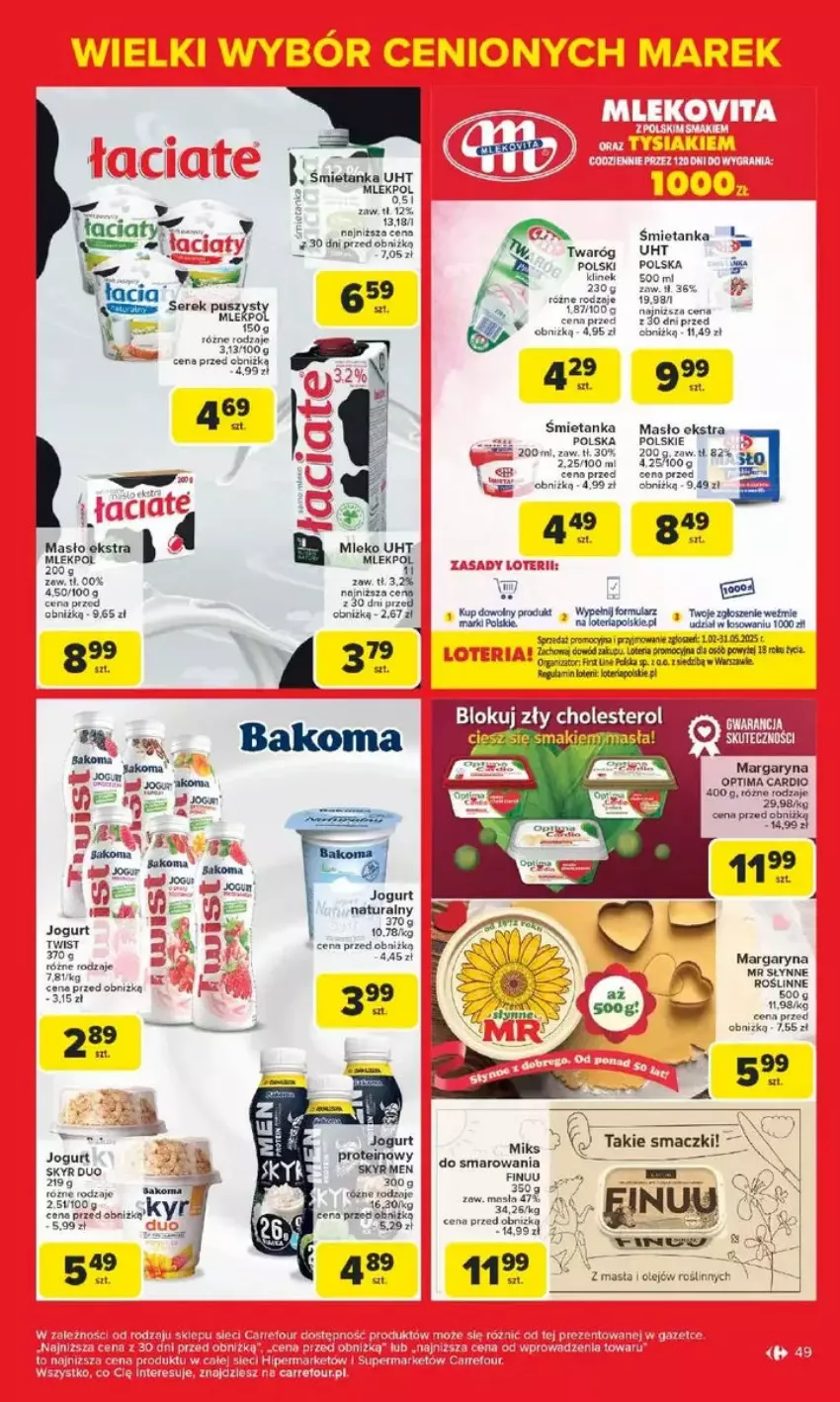 Gazetka promocyjna Carrefour - ważna 17.02 do 22.02.2025 - strona 44 - produkty: Finuu, Jogurt, Margaryna, Masło, Mleko, Optima, Optima Cardio, Ser, Słynne, Twaróg