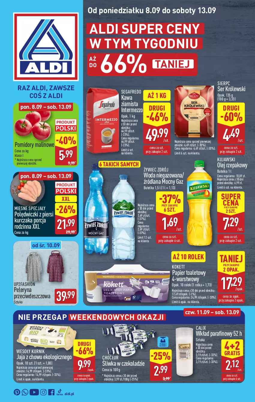 Gazetka promocyjna Aldi - Pełna oferta - ważna 08.09 do 13.09.2025 - strona 1 - produkty: Fa, Gra, Jaja, Kawa, Kawa ziarnista, Królewski, Kujawski, Kurczak, LANA, Mięsne specjały, Olej, Olej rzepakowy, Papier, Papier toaletowy, Pomidory, Por, Segafredo, Ser, Woda, Woda niegazowana