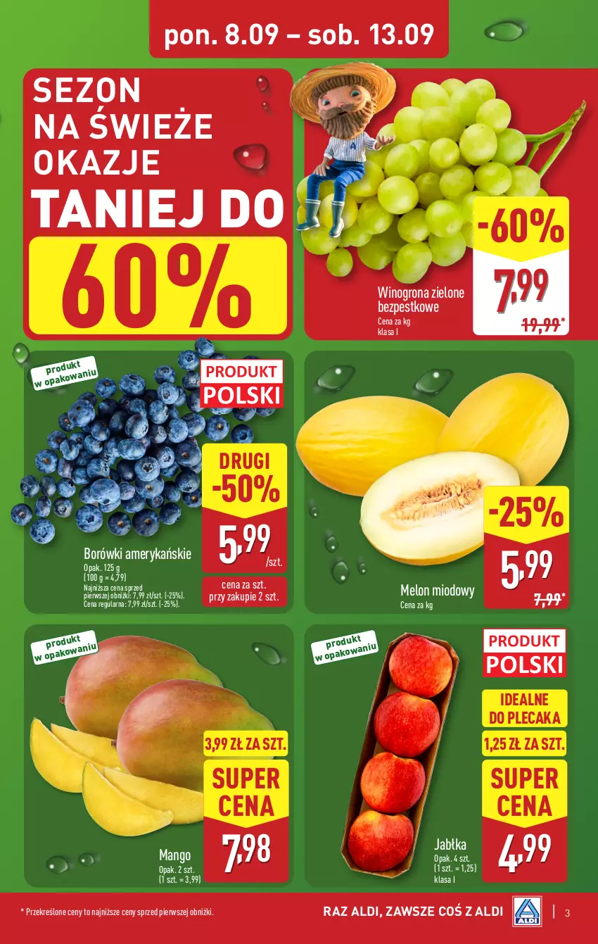 Gazetka promocyjna Aldi - Pełna oferta - ważna 08.09 do 13.09.2025 - strona 3 - produkty: Jabłka, Mango, Melon, Plecak, Wino, Winogrona