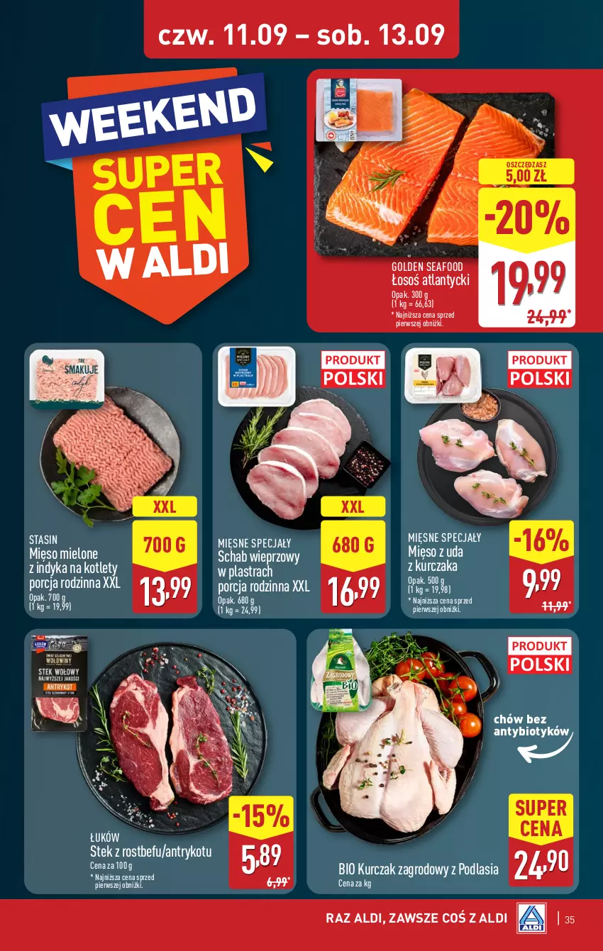 Gazetka promocyjna Aldi - Pełna oferta - ważna 08.09 do 13.09.2025 - strona 35 - produkty: Golden Seafood, Kotlet, Kurczak, Mięsne specjały, Mięso, Mięso mielone, Por, Rostbef, Schab wieprzowy, Stek