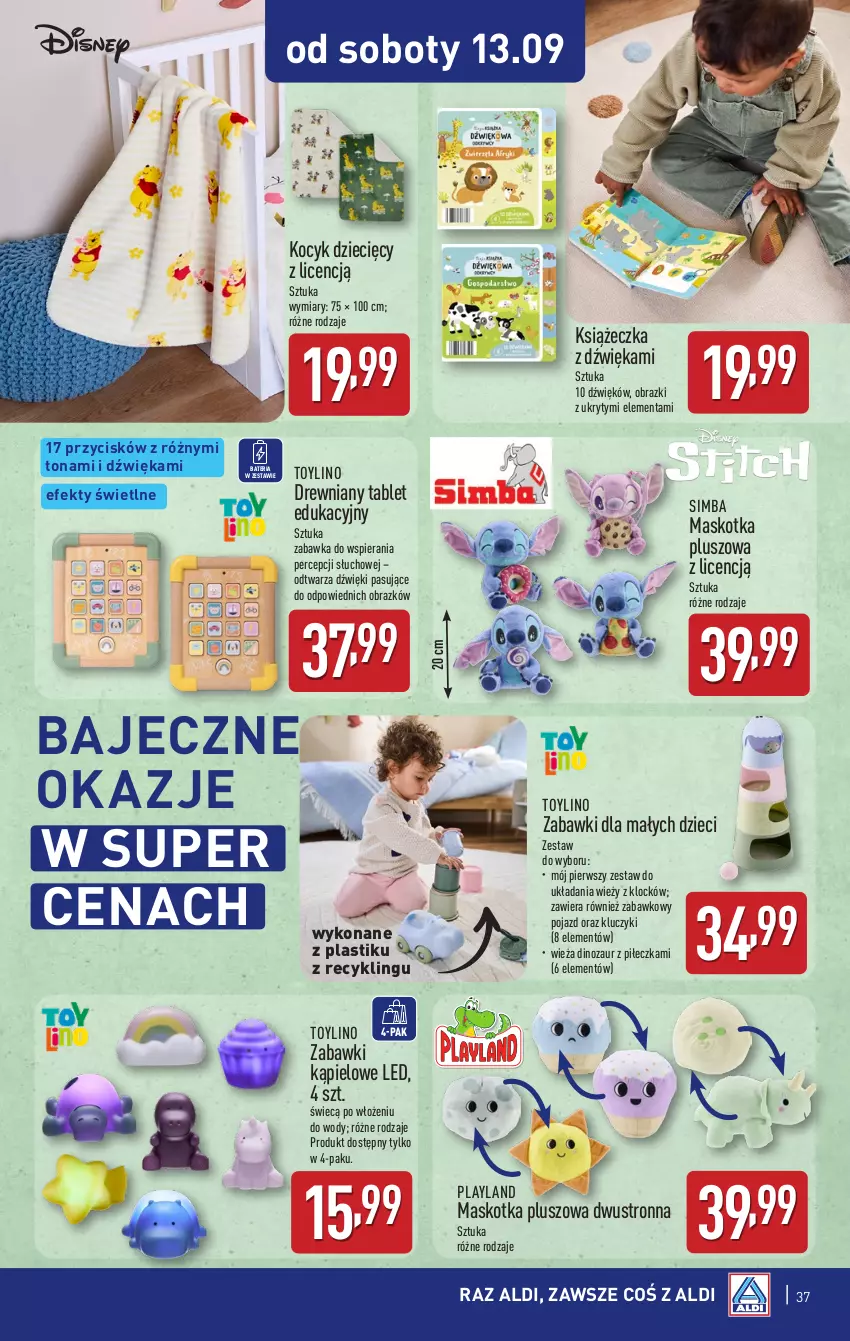 Gazetka promocyjna Aldi - Pełna oferta - ważna 08.09 do 13.09.2025 - strona 37 - produkty: Bateria, Dinozaur, Dzieci, Koc, Maskotka pluszowa, Obraz, Pojazd, Tablet, Zabawka