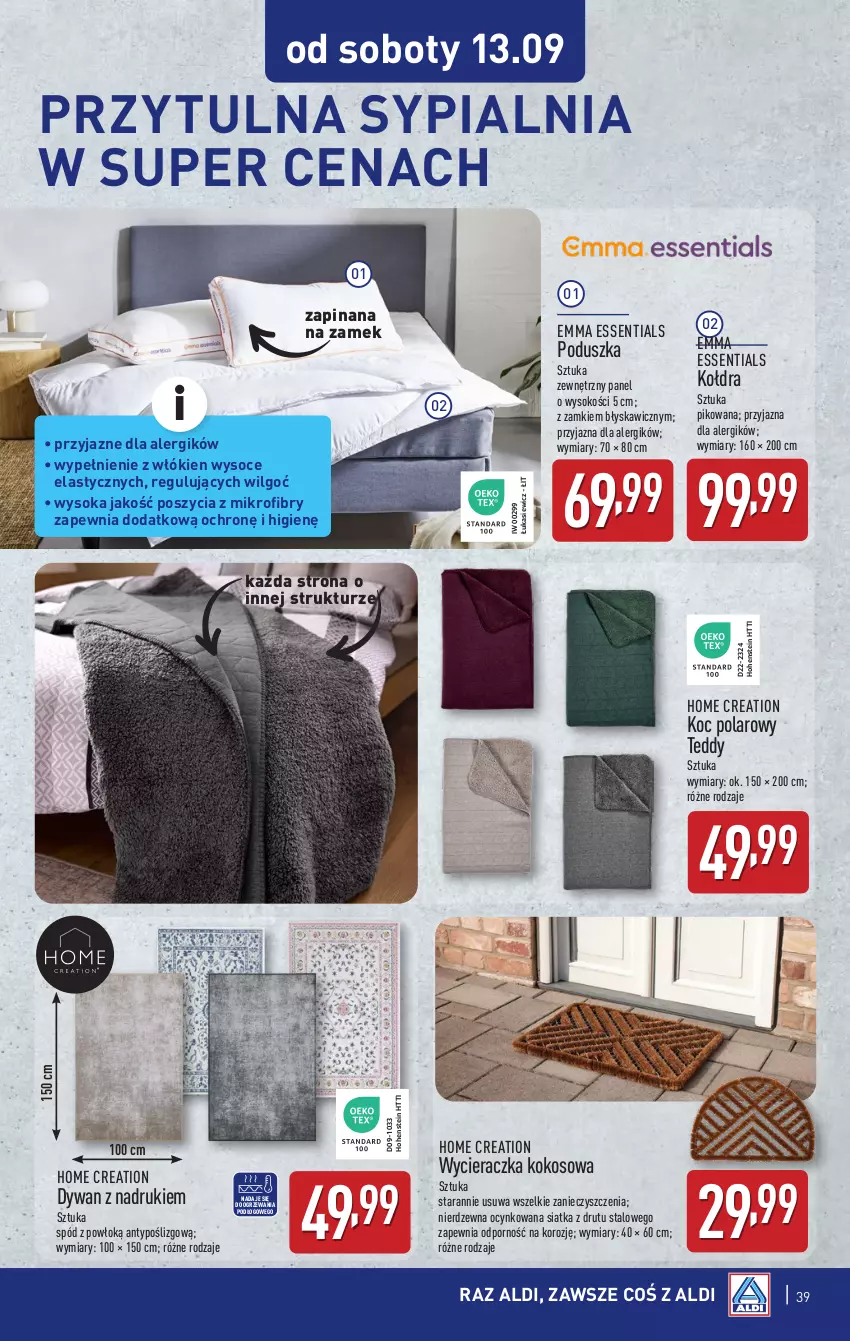 Gazetka promocyjna Aldi - Pełna oferta - ważna 08.09 do 13.09.2025 - strona 39 - produkty: Cynk, Dywan, Koc, Kokos, Kołdra, LG, Poduszka, Por, Siatka, Sok, Sypialnia, Wycieraczka