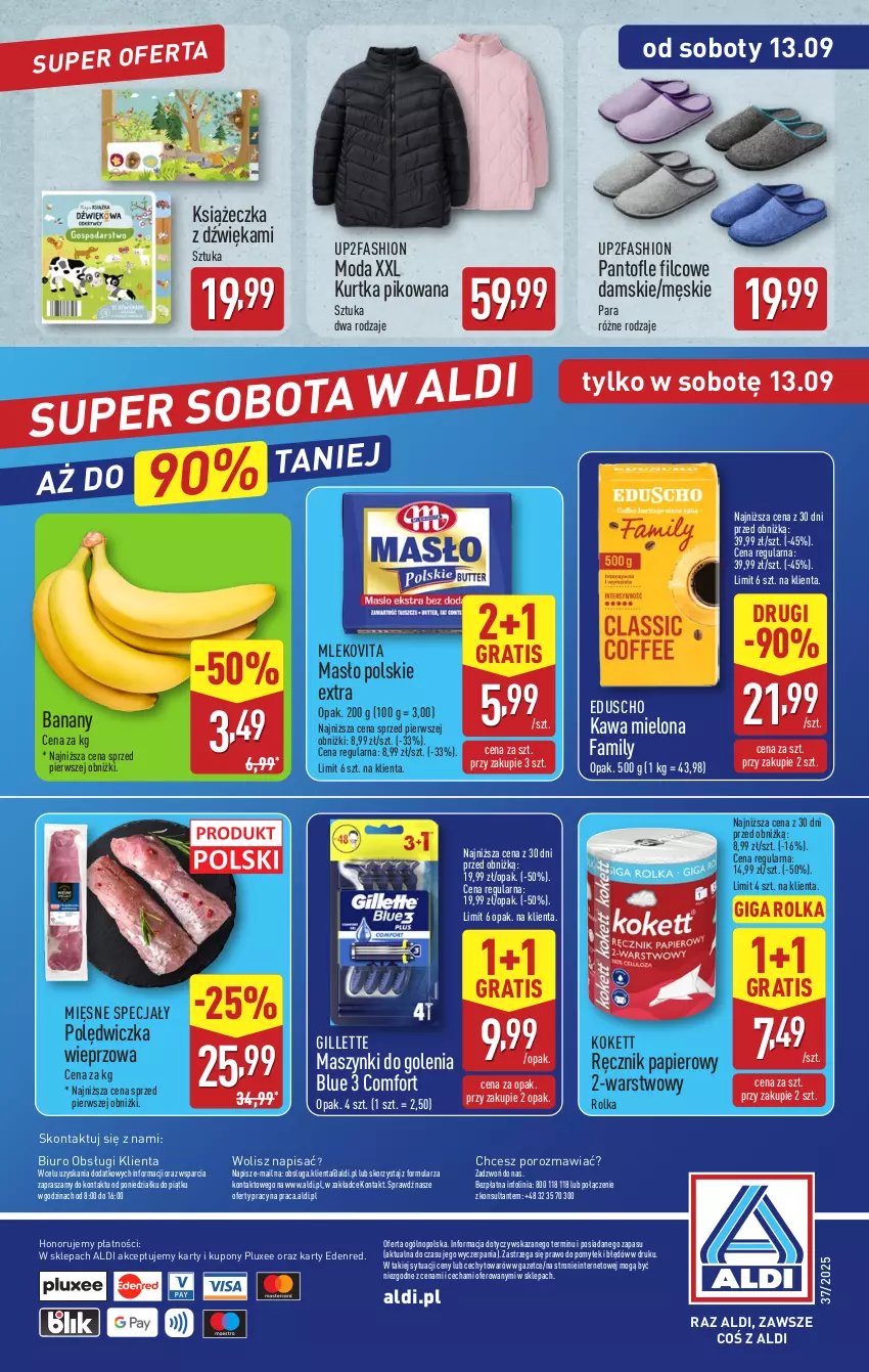Gazetka promocyjna Aldi - Pełna oferta - ważna 08.09 do 13.09.2025 - strona 44 - produkty: Banany, Biuro, Fa, Gillette, Gra, Kawa, Kawa mielona, Kurtka, Masło, Mięsne specjały, Mleko, Mlekovita, Moda, O nas, Papier, Polędwiczka wieprzowa, Por, Ręcznik