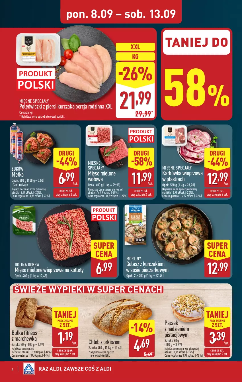 Gazetka promocyjna Aldi - Pełna oferta - ważna 08.09 do 13.09.2025 - strona 6 - produkty: Bułka, Bułka fitness, Chleb, Karkówka wieprzowa, Kotlet, Kurczak, Mięsne specjały, Mięso, Mięso mielone, Morliny, Pączek, Piec, Por, Sos