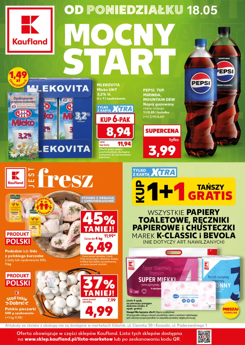 Gazetka promocyjna Kaufland - Mocny Start - ważna 18.05 do 20.05.2026 - strona 1 - produkty: 7up, Chusteczki, Gra, Kosz, Mirinda, Mleko, Mlekovita, Papier, Pepsi, Por, Ręcznik, Ręczniki papierowe, Szal, Waga