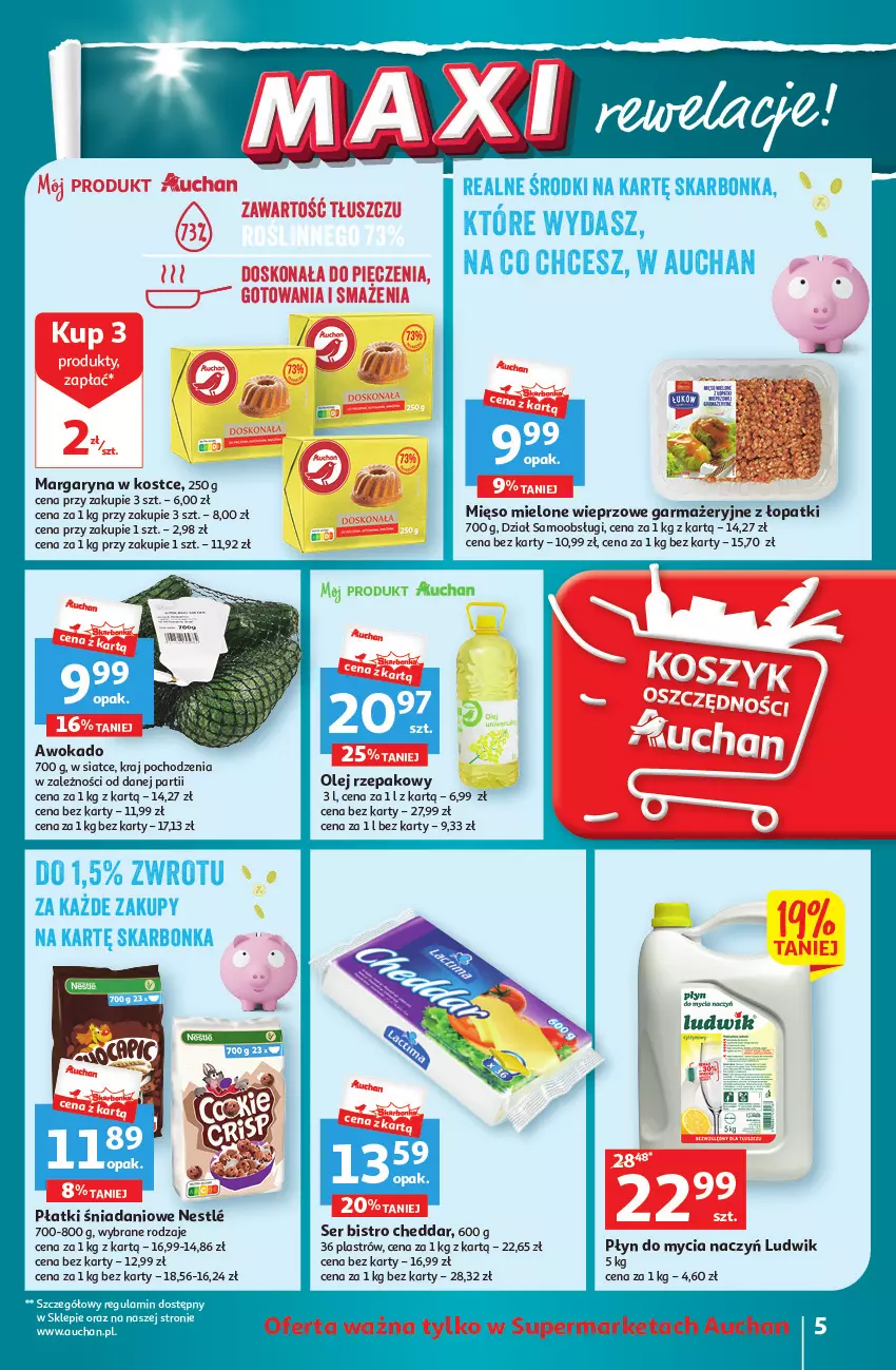 Gazetka promocyjna Auchan - Gazetka Wielkie majowe odkrycia cenowe część #2 Supermarket Auchan - ważna 04.05 do 10.05.2023 - strona 5 - produkty: Cheddar, Danio, Do mycia naczyń, Ludwik, Margaryna, Mięso, Mięso mielone, Olej, Olej rzepakowy, Płyn do mycia, Płyn do mycia naczyń, Ser