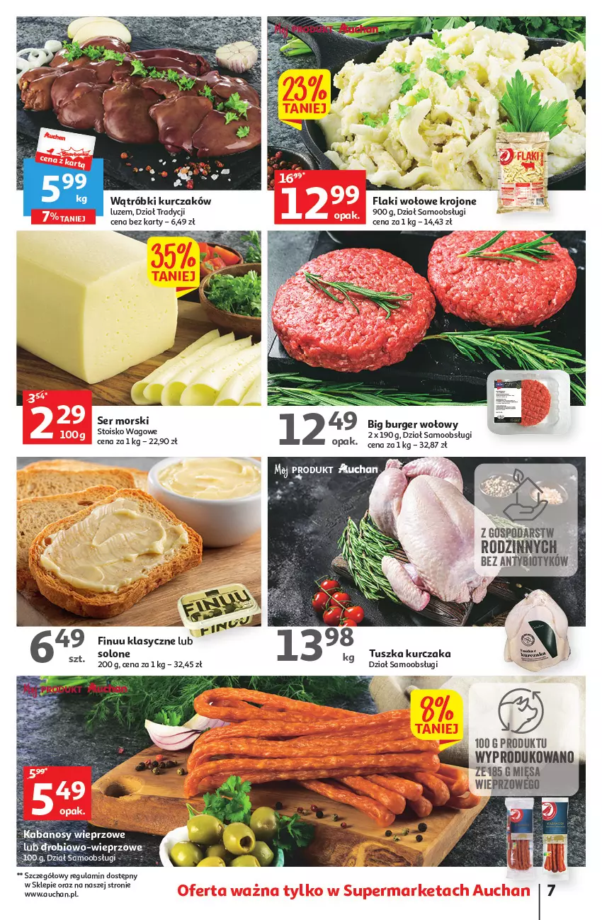 Gazetka promocyjna Auchan - Gazetka Wielkie majowe odkrycia cenowe część #2 Supermarket Auchan - ważna 04.05 do 10.05.2023 - strona 7 - produkty: Burger, Fa, Finuu, Flaki, Flaki wołowe, Kabanos, Kurczak, Ser, Tusz