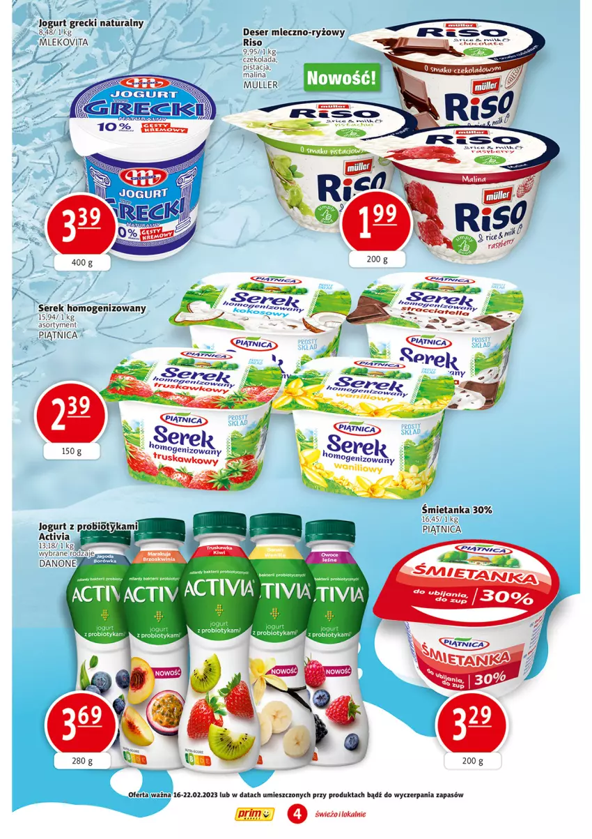 Gazetka promocyjna Prim Market - ważna 16.02 do 22.02.2023 - strona 4 - produkty: Czekolada, Danone, Deser, Jogurt, Mleko, Piątnica, Probiotyk, Ryż, Ser, Serek, Serek homogenizowany