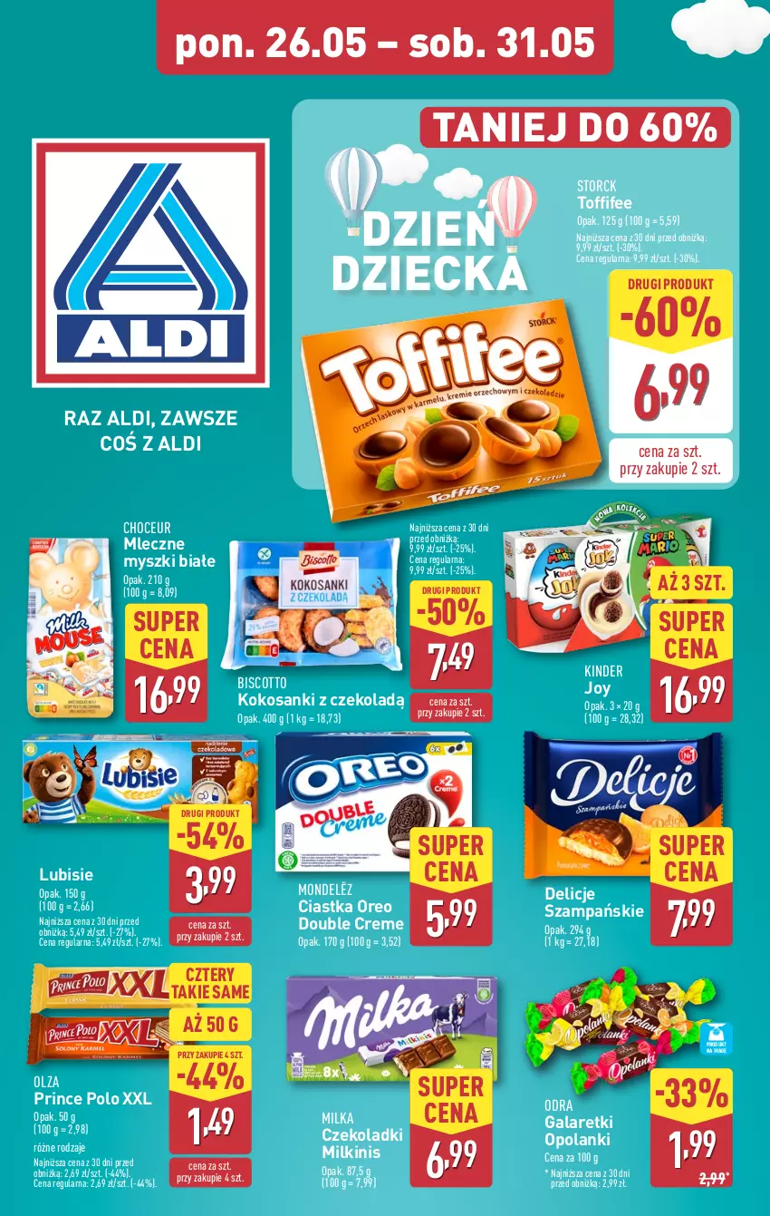 Gazetka promocyjna Aldi - Dzień dziecka - ważna 26.05 do 31.05.2025 - strona 1 - produkty: Ciastka, Delicje, Gala, Galaretki, Kinder, Kokos, Lanki, Lubisie, Milka, Mysz, Oreo, Prince Polo, Sanki, Toffifee
