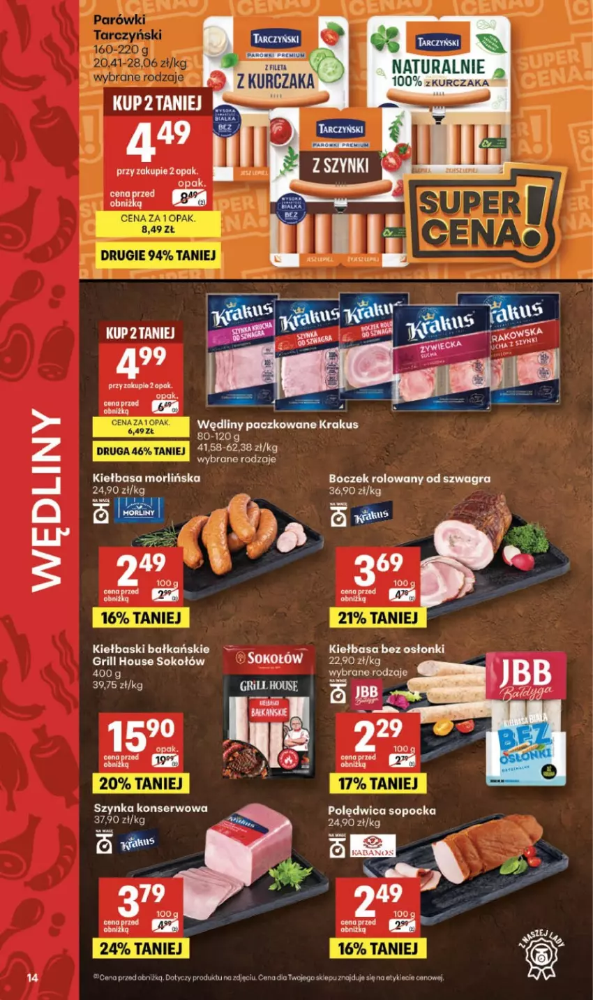 Gazetka promocyjna Delikatesy Centrum - Franczyza DC24 Czwartek - ważna 11.06 do 17.06.2026 - strona 14 - produkty: Boczek, Gra, Grill, Kiełbasa, Krakus, Kurczak, Polędwica, Por, Ser, Sok, Sokołów, Szynka, Szynka konserwowa
