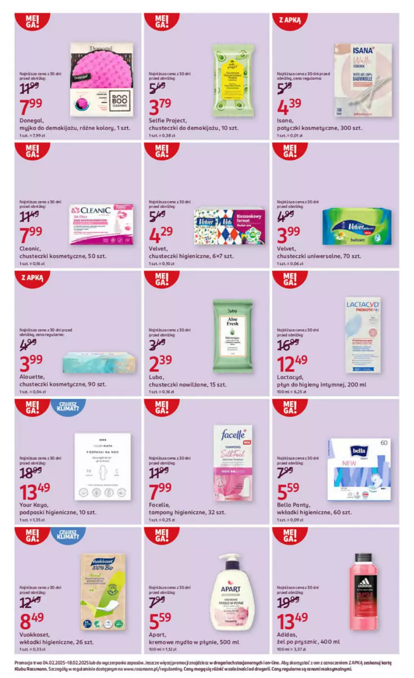 Gazetka promocyjna Rossmann - ważna 04.02 do 18.02.2025 - strona 14 - produkty: Adidas, Alouette, Bell, Bella, Brit, Chusteczki, Chusteczki kosmetyczne, Cleanic, Fa, Facelle, Holle, Isana, Isla, Lactacyd, Makijaż, Mydło, Mydło w płynie, Patyczki kosmetyczne, Płyn do higieny intymnej, Podpaski, Tampony, Velvet, Wkładki