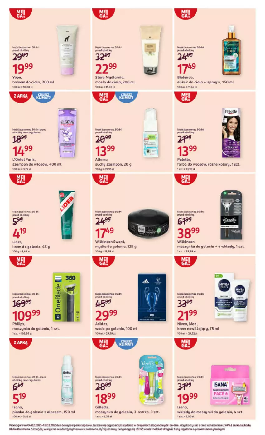 Gazetka promocyjna Rossmann - ważna 04.02 do 18.02.2025 - strona 2 - produkty: Adidas, Alterra, Bielenda, Fa, Farba do włosów, Gillette, Krem nawilżający, Masło, Maszynka, Maszynka do golenia, Mydło, Palette, Philips, Pianka do golenia, Suchy szampon, Szampon, Szynka, Taca, Wilkinson Sword, Woda, Woda po goleniu