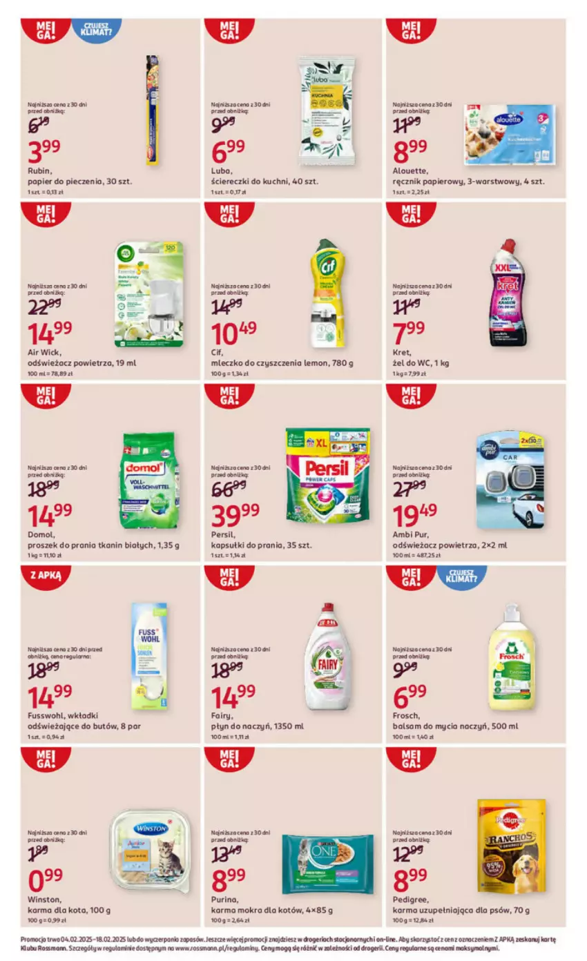 Gazetka promocyjna Rossmann - ważna 04.02 do 18.02.2025 - strona 3 - produkty: Alouette, Ambi Pur, Balsam do mycia naczyń, Do mycia naczyń, Fa, Fairy, Frosch, Kapsułki do prania, Karma mokra dla kotów, Kret, Mleczko, Odświeżacz powietrza, Papier, Pedigree, Persil, Piec, Proszek do prania, Pur, Purina, Rama, Ręcznik, Rubin, Winston, Wkładki