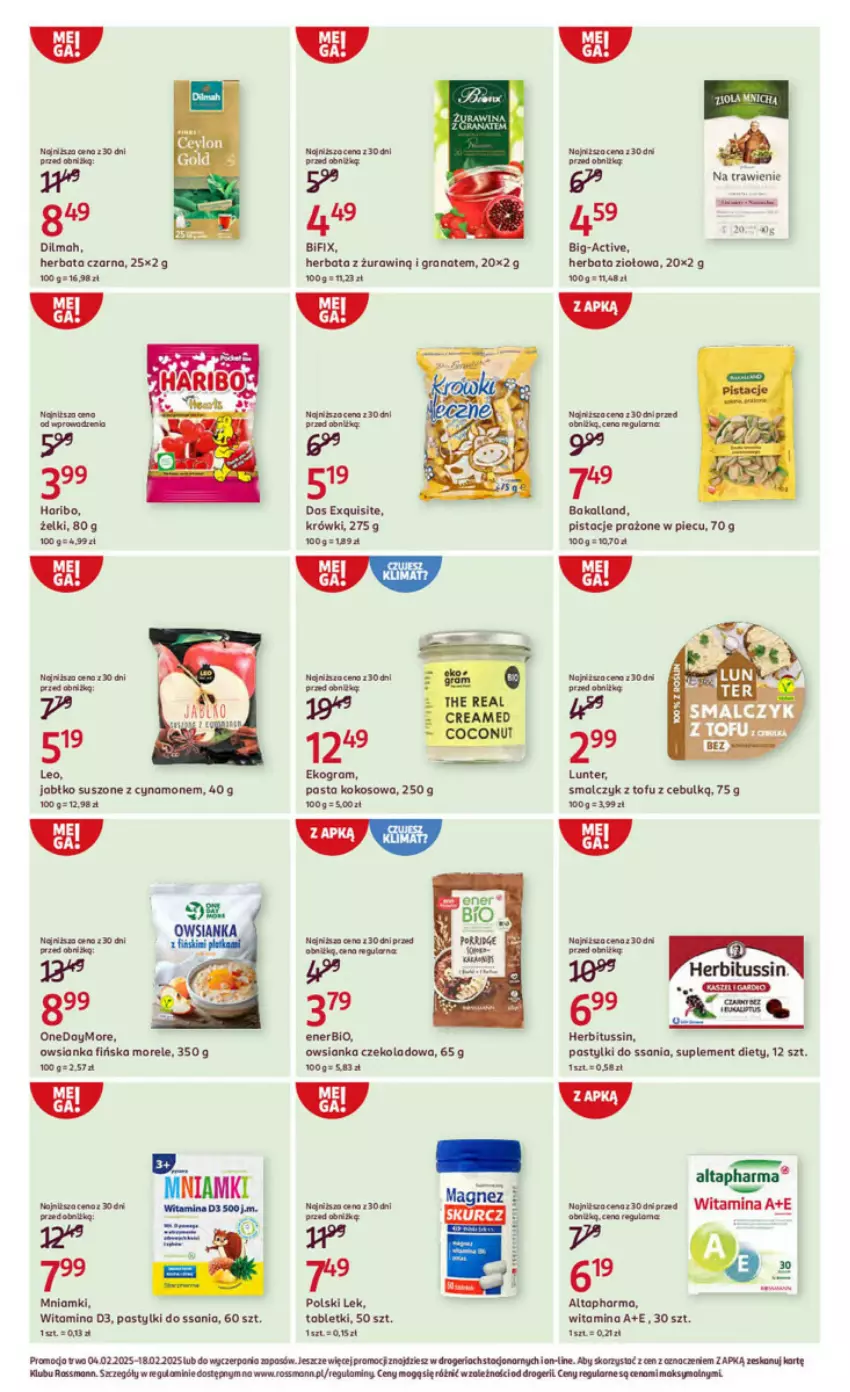 Gazetka promocyjna Rossmann - ważna 04.02 do 18.02.2025 - strona 4 - produkty: Bakalland, Dilmah, Exquisite, Gra, Granat, Haribo, Herbata, Herbata czarna, Kokos, Magnez, Mniamki, Owsianka, Pastylki, Piec, Pistacje, Stek, Suplement diety, Tablet, Tofu