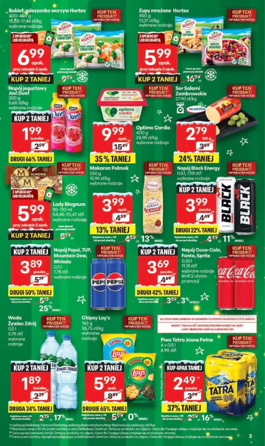 Gazetka promocyjna Delikatesy Centrum - Franczyza DC50 Czwartek - ważna 11.12 do 17.12.2025 - strona 3 - produkty: 7up, Chipsy, Gin, Gra, Hortex, Jogurt, Kaki, Koc, Lack, Makaron, Mirinda, Napój, Napój jogurtowy, Olma, Optima, Optima Cardio, Pepsi, Piwo, Rum, Salami, Ser, Ser salami, Tatra