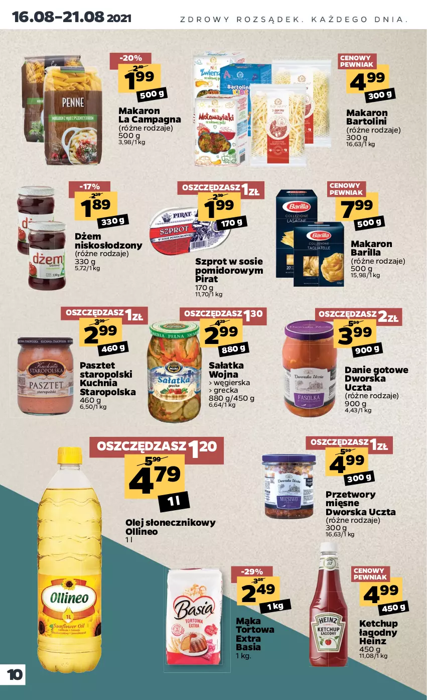 Gazetka promocyjna Netto - Gazetka spożywcza - ważna 16.08 do 21.08.2021 - strona 10 - produkty: Barilla, Basia, Danie gotowe, Dżem, Heinz, Ketchup, Kuchnia, Kuchnia Staropolska, Mąka, Mąka tortowa, Makaron, Olej, Olej słonecznikowy, Pasztet, Sałat, Sałatka, Sos, Szprot, Szprot w sosie