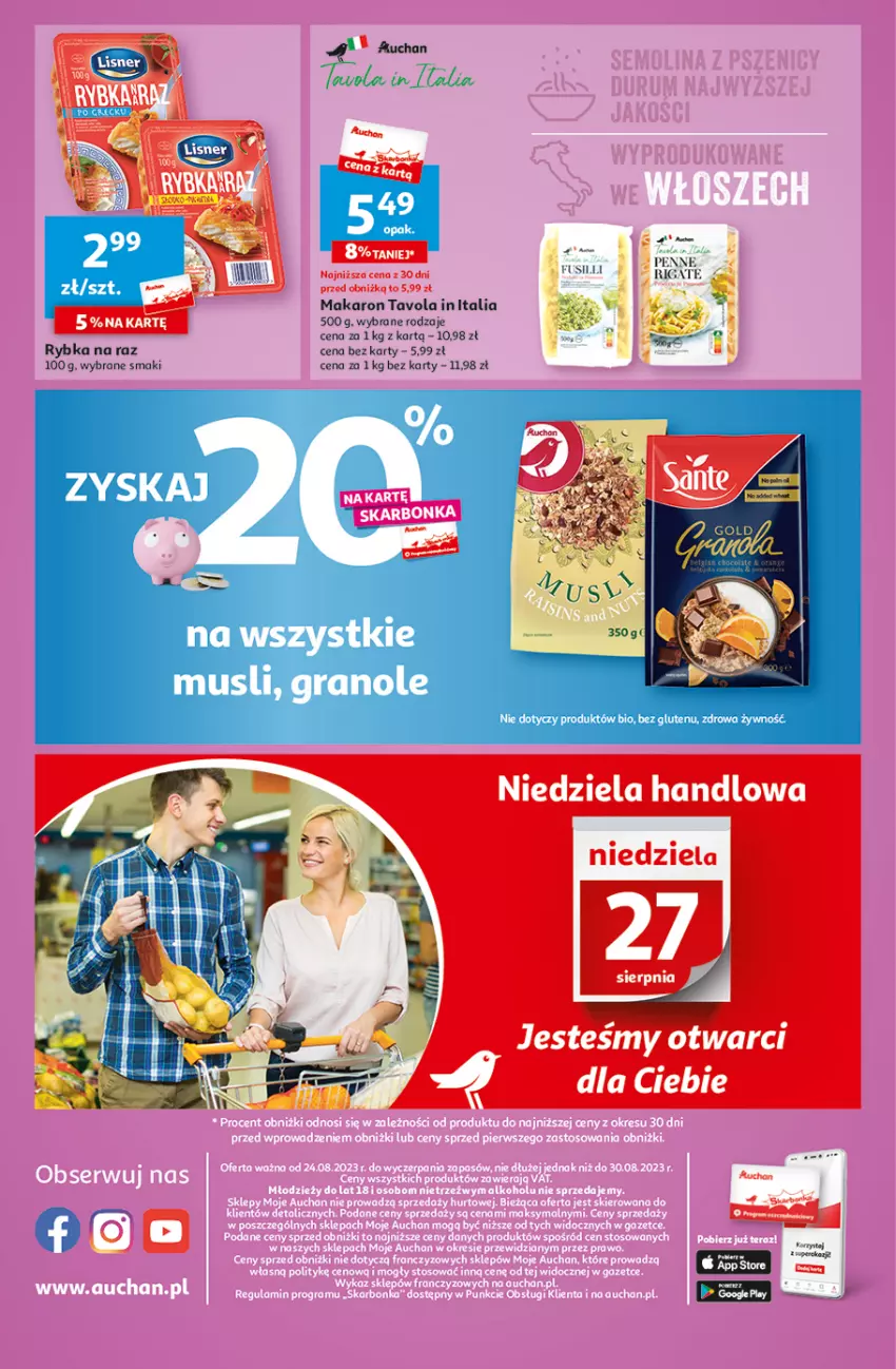 Gazetka promocyjna Auchan - Gazetka TANIE zakupy Moje Auchan - ważna 24.08 do 30.08.2023 - strona 4 - produkty: Gra, Lisner, Makaron, Mus, Rybka na raz