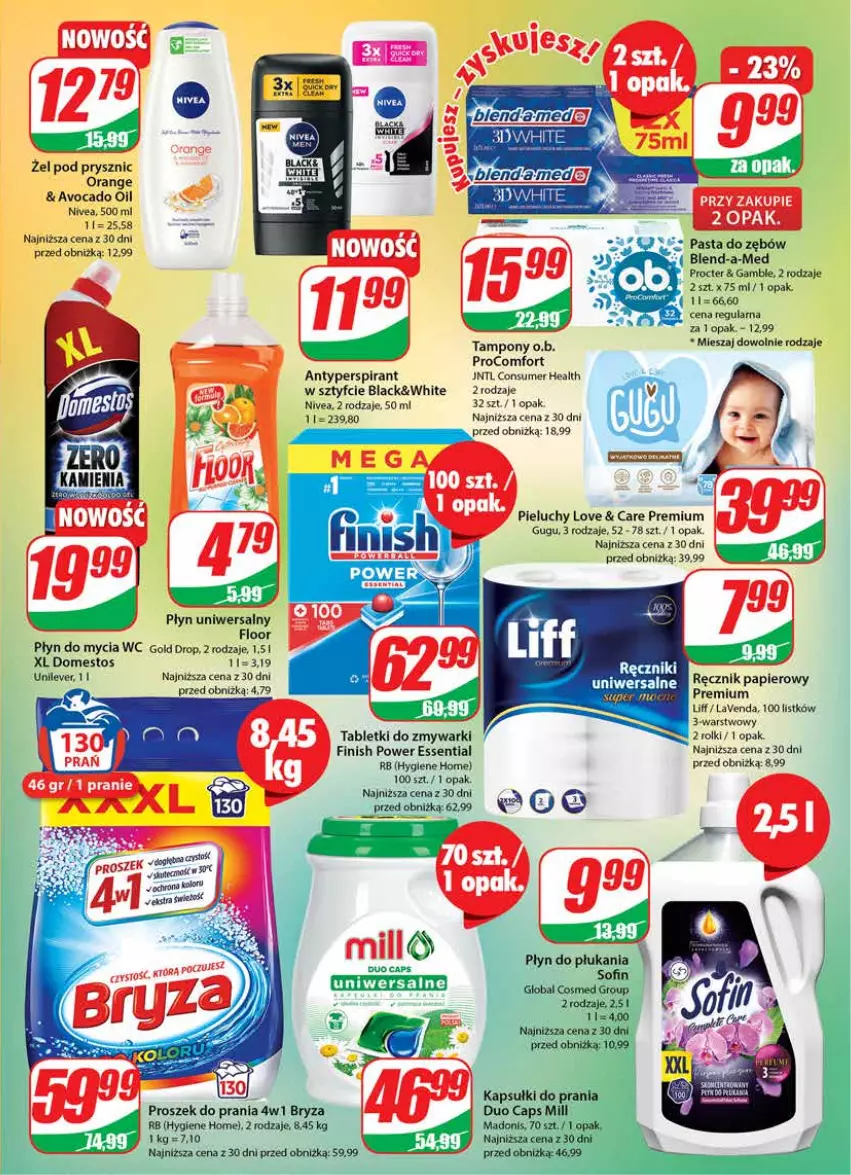 Gazetka promocyjna Dino - Gazetka 33 - ważna 16.08 do 22.08.2023 - strona 23 - produkty: Antyperspirant, Avocado, Bryza, Domestos, Finish, Lack, Nivea, O.B., Papier, Pieluchy, Płyn do mycia, Proszek do prania, Ręcznik, Rolki, Tablet, Tabletki do zmywarki, Tampony, Zmywarki