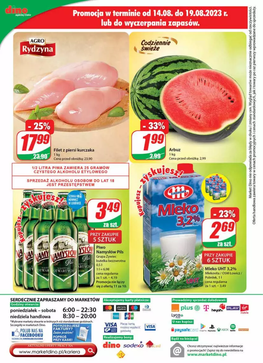 Gazetka promocyjna Dino - Gazetka 33 - ważna 16.08 do 22.08.2023 - strona 24 - produkty: Arbuz, Fa, Mleko, Mlekovita, Namysłów, Piwo, Polmiek, Ser, Tera