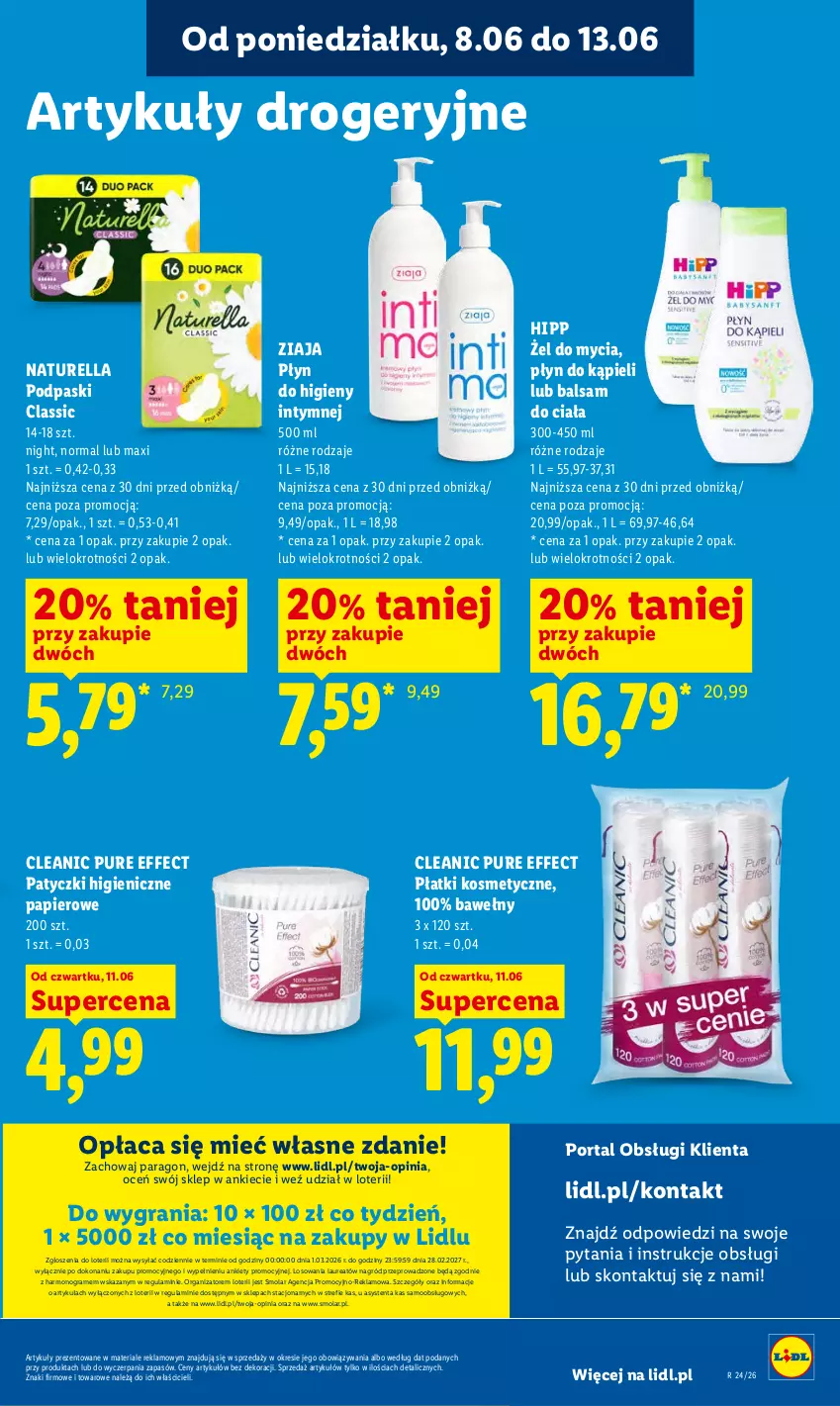 Gazetka promocyjna Lidl - Gazetka ważna od 11.06 do 13.06 - ważna 11.06 do 13.06.2026 - strona 89 - produkty: Balsam do ciała, Cleanic, Gra, HiPP, Laur, Mola, Naturell, Naturella, Papier, Płatki kosmetyczne, Płyn do higieny intymnej, Płyn do kąpieli, Podpaski, Por, Portal, Pur, Ziaja