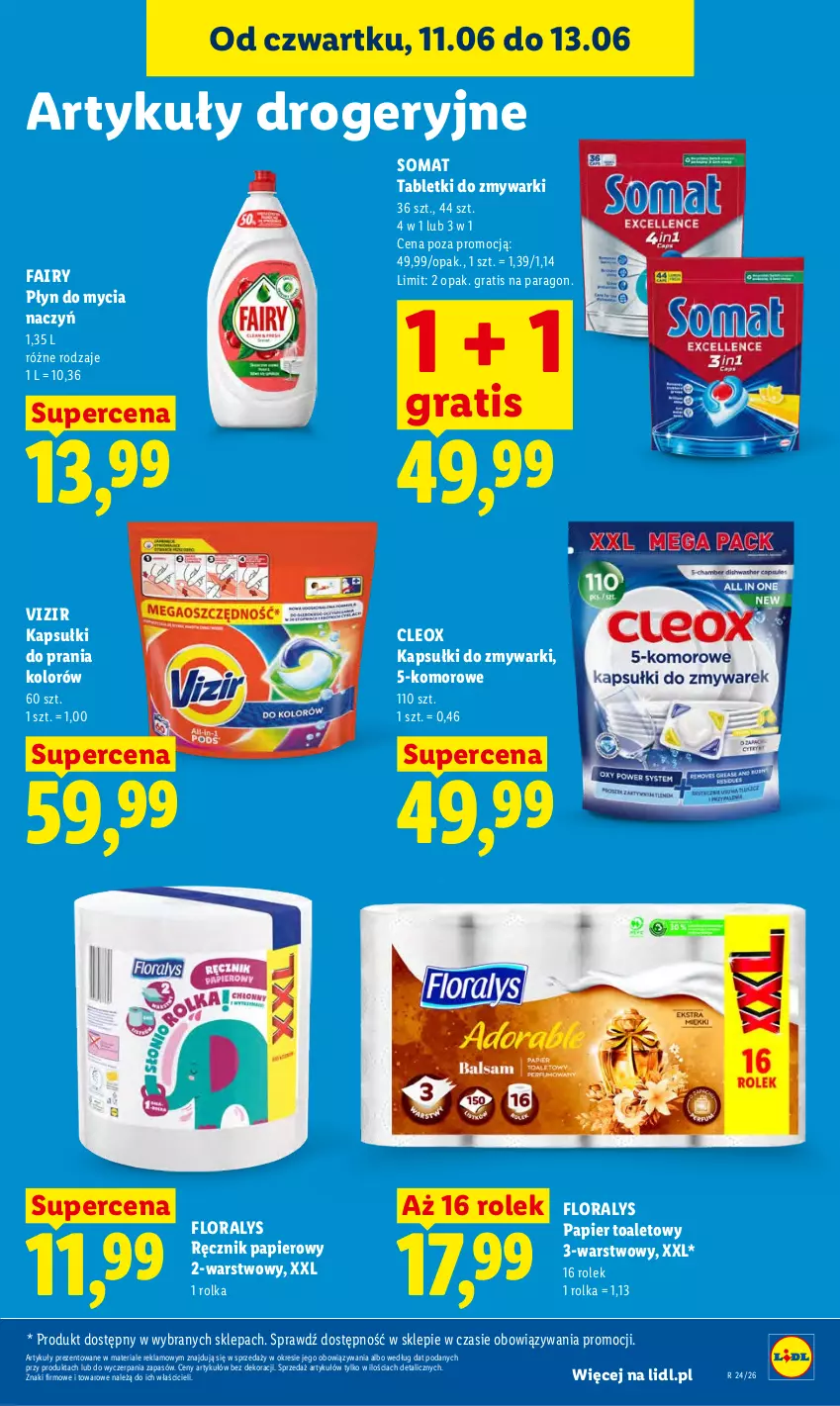 Gazetka promocyjna Lidl - Gazetka ważna od 11.06 do 13.06 - ważna 11.06 do 13.06.2026 - strona 91 - produkty: Do mycia naczyń, Fa, Fairy, Flora, Gra, Kapsułki do prania, Papier, Papier toaletowy, Płyn do mycia, Płyn do mycia naczyń, Ręcznik, Somat, Tablet, Tabletki do zmywarki, Vizir, Zmywarki