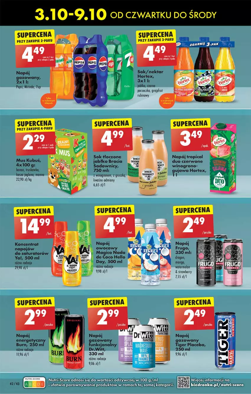 Gazetka promocyjna Biedronka - Od Czwartku - ważna 03.10 do 09.10.2024 - strona 42 - produkty: 7up, Fa, Gra, Hortex, Kubuś, Leon, Mirinda, Mus, Napój, Nektar, Pepsi, Por, Rubin, Sok, Tiger, Tropical, Wino