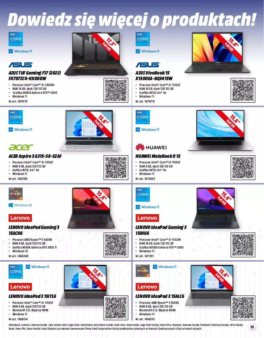 Gazetka promocyjna Media Markt - Gazetka Media Markt - ważna 01.07 do 31.07.2023 - strona 13 - produkty: Acer, Asus, Gra, Grafika, Huawei, Huawei MateBook, Intel, Lenovo, Pentium, Por, Procesor