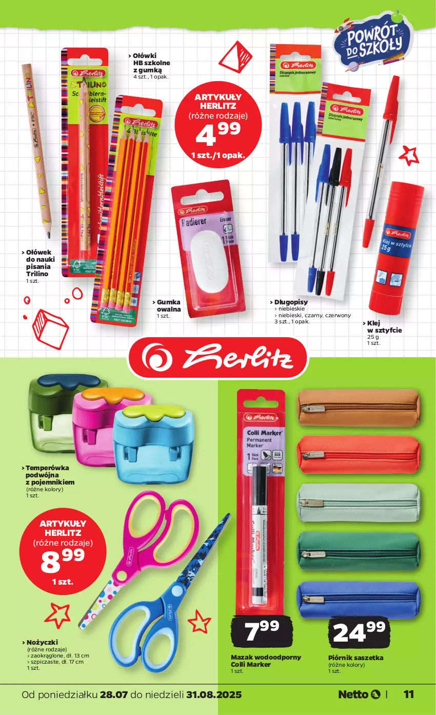 Gazetka promocyjna Netto - Katalog BTS 2025 - ważna 28.07 do 31.08.2025 - strona 11 - produkty: Długopis, Klej, Marker, Noż, Nożyczki, Piórnik, Pojemnik, Por, Szpic