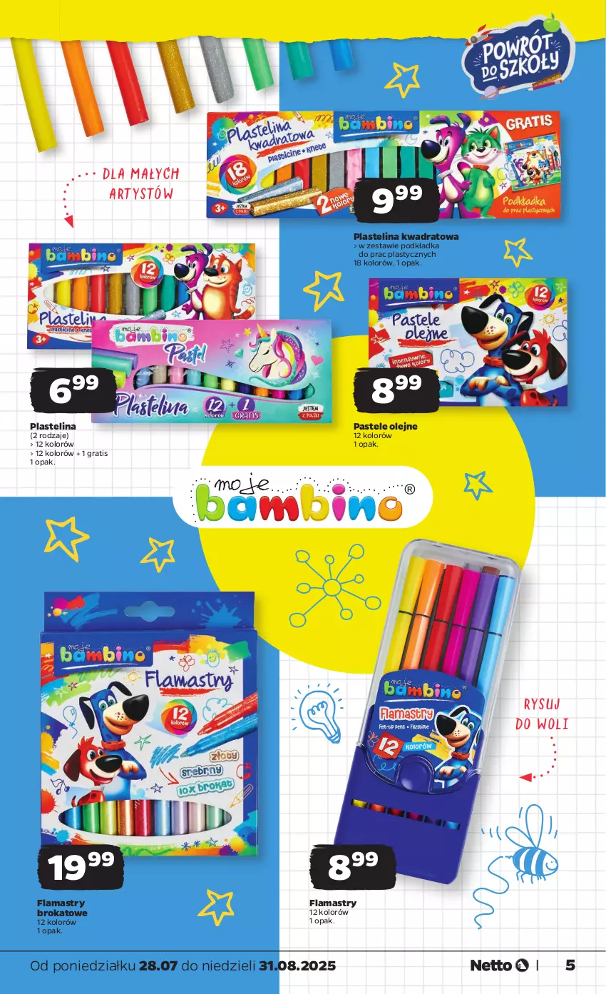 Gazetka promocyjna Netto - Katalog BTS 2025 - ważna 28.07 do 31.08.2025 - strona 5 - produkty: Flamastry, Gra, Olej, Pastele olejne, Plastelina, Podkład, Podkładka