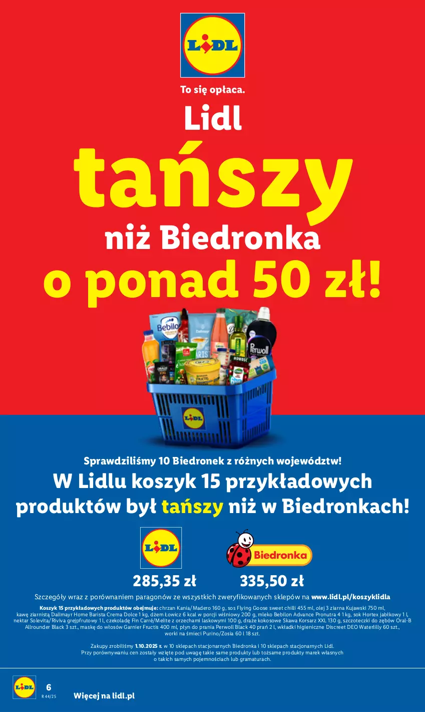 Gazetka promocyjna Lidl - GAZETKA - ważna 27.10 do 31.10.2025 - strona 10 - produkty: BEBILON, Chrzan, Dallmayr, Discreet, Dżem, Fructis, Garnier, Gra, Grejpfrut, Hortex, Kawa, Kokos, Kosz, Kujawski, Lack, Mleko, Mleko Bebilon, Nektar, Olej, Perwoll, Płyn do prania, Por, Pur, Rama, Sok, Sos, Wkładki, Worki na śmiec, Worki na śmieci