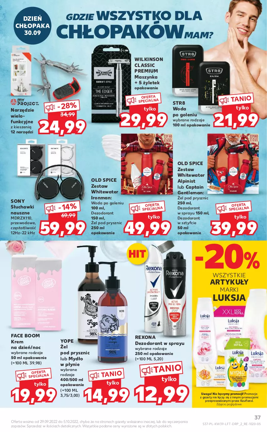 Gazetka promocyjna Kaufland - OFERTA TYGODNIA - ważna 29.09 do 05.10.2022 - strona 37 - produkty: Dezodorant, Fa, Krem na dzień, Luksja, Maszynka, Mydło, Mydło w płynie, Old Spice, Rexona, Słuchawki, Sony, Str8, Szynka, Waga, Woda, Woda po goleniu, Yope