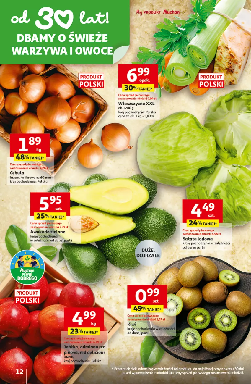 Gazetka promocyjna Auchan - 30 Lat Hipermarket - ważna 19.02 do 25.02.2026 - strona 12 - produkty: Cebula, Kiwi, Owoce, Sałat, Sałata lodowa, Warzywa, Warzywa i owoce